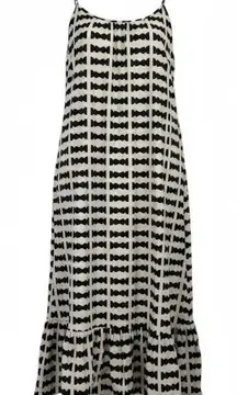 Bel Kazan Bow Print Maxi Dress Black White Ruffle Hem Boho Resort large