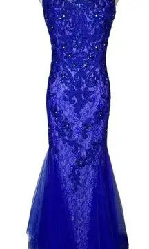 Sleeveless Beaded Maxi Dress Gown Open Back Cut Out Royal Blue size Small