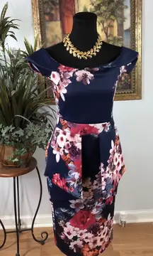 Missi London Women’s 8 Off-Shoulder Floral Bodycon Dress Cap Sleeve Peplum Midi