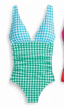 J Crew SET of 2 Ruched One-Piece Swimsuit V-Neck Size Medium Gingham Colorblock