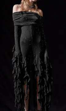 Aniye Records Ary Rhinestone Ruffle Off-Shoulder Jumpsuit Black Medium NWT