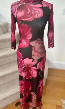 Vintage Y2K Mesh Sheer Black Red Floral Rose Metallic Gold Slip Dress