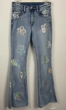 BAR x Olle & Hali Women's Washed Flower Hologram Flare Jeans Size S