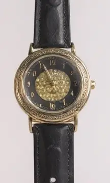 Milan Vintage Gold Tone Black Leather Band Moon Phase Dial Ladies Watch MLN786