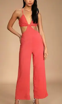 Lulus Blissful Season Coral Tie-Back Cutout Wide-Leg Jumpsuit