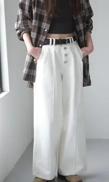 Uniqlo GU 100% Cotton Button Front Wide Leg Jeans by rokh Off White NWT XS