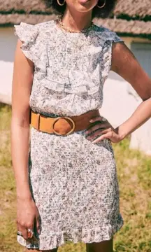 Sezane Mini Dress White Floral Smocked Ruffle Hem Roxie