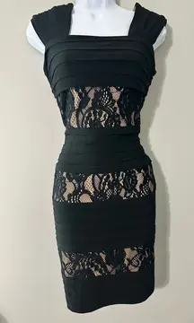 Adrianna Papell Black Lace Panel Sheath Dress Knee Length Cap Sleeve Square Neck