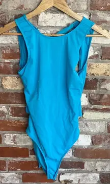 Blue One Piece Ribbed Open Tie Back Bathing Suite Size S