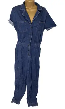 No Boundaries Chambray Button Front Jumpsuit Elastic Waist Cuffed Legs M Juniors