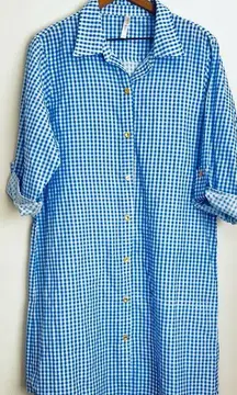 Helen Jon Women's L Blue White Gingham Button Up Roll Tab Sleeve Beach Cover Up