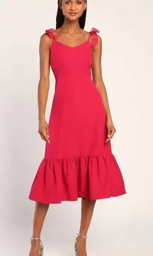 Lulus  What a Gift Hot Pink Bow Strap Ruffle Hem Midi Dress Small