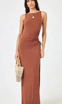 L Space Tiana Maxi Dress Size Large Coffee Tan Cut Out Side Stretch Quiet Luxury