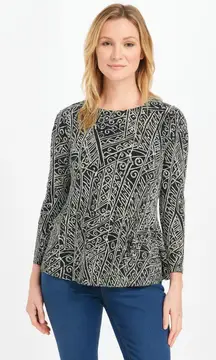 Erin London Black & White Tribal Print Long Sleeve Peplum Blouse Size Large