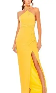 MAC DUGGAL Halter Neck Rouched Side Front Slit Gown in Marigold Size Large