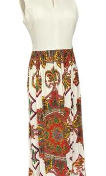 Vintage Mod Maxi Dress White Top Multicolor Paisley Skirt Sleeveless 70s Hippy