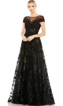 NWT Mac Duggal 20405 Embellished Floral Cap Sleeve‎ A Line Gown Black Sz 10 $798