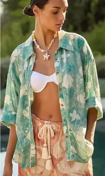 By Anthropologie Short-Sleeve Printed Linen Buttondown Shirt Tunic Top XS/XXS