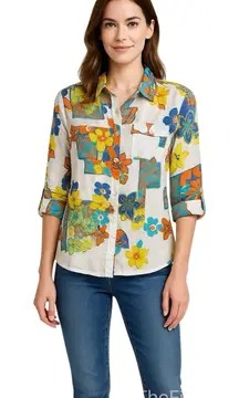 Multiples Patchwork Floral Button Front Top Medium Sheer Panels Roll Tab Sleeve