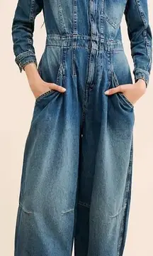 Like New FREE PEOPLE We the Free CRVY Roulette Barrel Leg Denim Jumpsuit Sz M 8