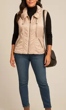 CAbi Faux Shearling Lined Champagne Satin Zip Vest | Cozy Chic Neutral Layering