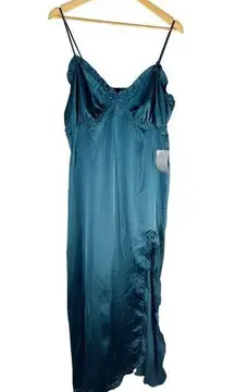 Max Studio  Ruffle Satin Front Slit Adjustable Strap Slip Dress Size XL Teal