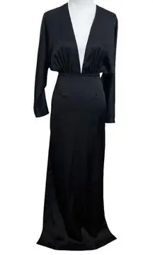 AQ/AQ Madison Plunge Neck Satin Maxi Dress Black Side Slit Women’s Size 0