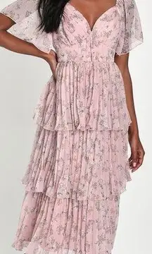 Lulus NWOT  Gentle Charm Mauve Floral Print Pleated Tiered Midi Dress