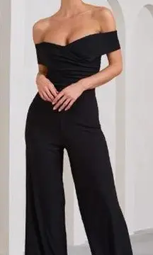 Club L Recognition Off The Shoulder Ruched Flare Leg Jumpsuit Black Women's US 2