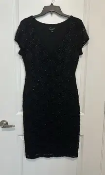 Connected Apparel Black Sequin Lace Cocktail Dress 14 V Neck  Holiday NYE Party