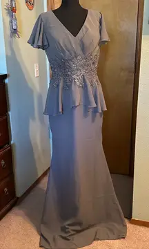 Gray chiffon formal long dress sequins appliqué flowy mother of the bride prom M