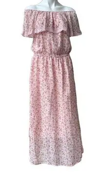 Bongo Womens Maxi Dress Floral Off Shoulder Elastic Waist Lace Trim Pink Size XL