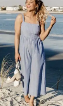 Pink Lily Striped Blue Chambray Wide Leg Jumpsuit Size Small