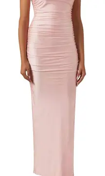 Good American Pink Ruched Spaghetti Strap High Slit Deep V Back Maxi Dress