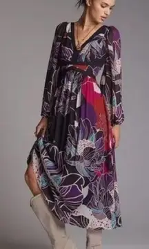 Anthropologie Let Me Be Floral Midi Dress Bold Print Purple Black SIZE MEDIUM‎
