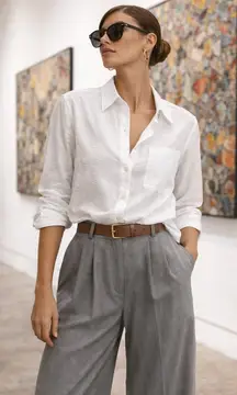 Tommy Hilfiger Ivory Crinkled Texture Button Front Tunic Shirt Pocket Curved Hem