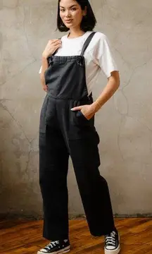 Able All Day Black Linen Blend Wide Leg Overall Jumpsuit Size X Small