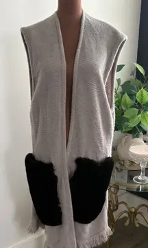 Sleeveless‎ Cardigan Duster Vest with Faux Fur Pockets - Fringe Trim Med