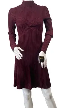Melonie T Sweater Dress Womens Small Wine Knit Stretch Ribbed Mock Neck Mini