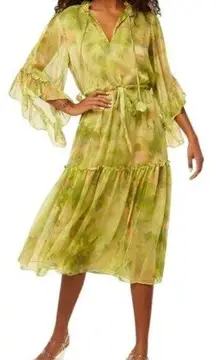 MISA Marcele Chartreuse Abstract Ruffle Midi Dress Size XS NWT