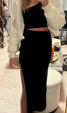 One Shoulder Black Long Dress with Mid-Section and Leg Slit