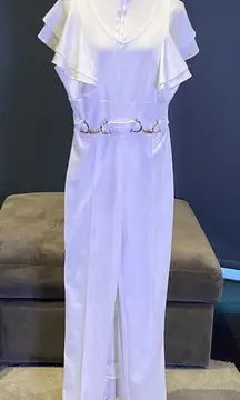 Women’s White Jumpsuit with Ruffles and Silver  Waist Detail Size M **READ