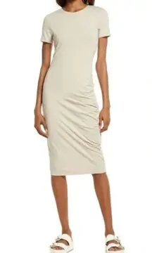 NWT  Beige Oatmeal Ruched Short Sleeve T-Shirt Dress Midi New