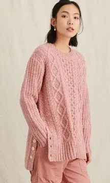 Alex Mill Button Side Aran Cable Knit Merino Wool Sweater in Dried Rose