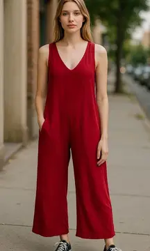 NWOT Calypso St Barth Red Linen Blend V Neck Wide Leg Loose Fit Jumpsuit Pocket