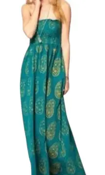 Denim & Supply Ralph Lauren Teal Strapless Maxi Dress Gold Print Size Medium