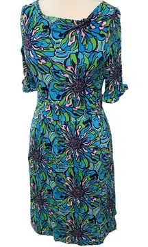 Lilly Pulitzer Blanca Rehearsal Dress Floral Print Blue Green Midi‎ Silk Medium