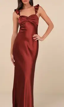 Lulus Exuberant Luxury Rust Classic Satin Ruffled Lace-Up Maxi Dress Size L NWT
