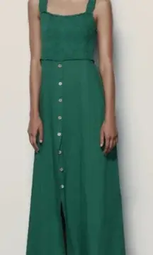 Zara Kelly Green Smocked Linen Blend Maxi Dress‎ Women's Small Cottage Prairie