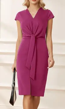 GRACE KARIN Midi Cap Sleeve Tie Waist Work Dress Slit V-Neck Business Casual S